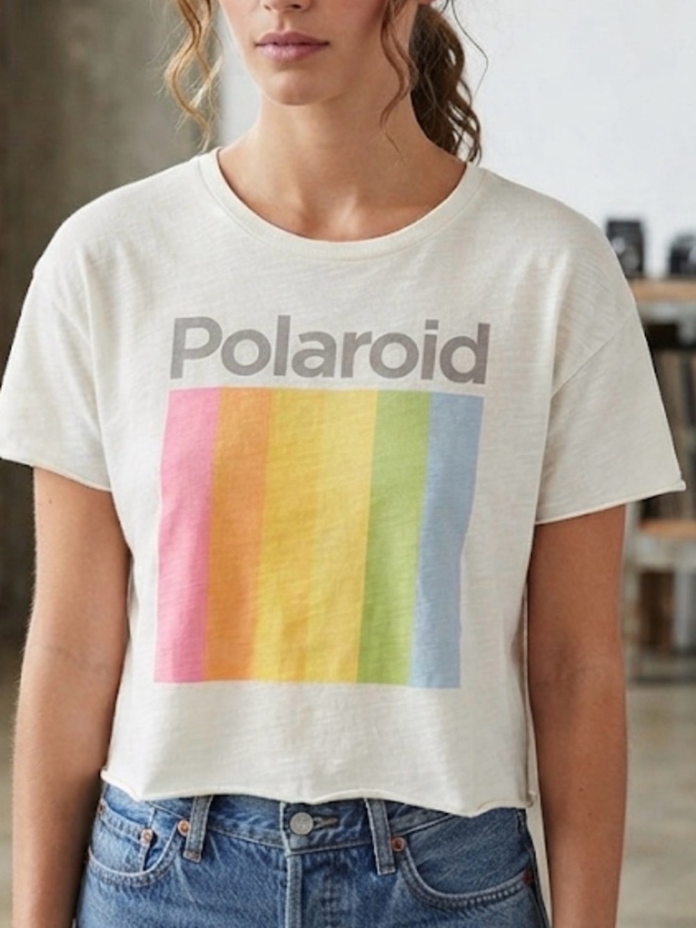 Polaroid White cropped Tee with Print XL
